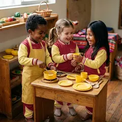 Tres niños juegan a cocinar en el aula