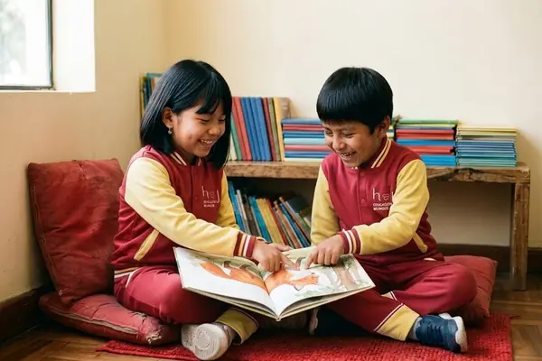 Dos niños leen juntos un libro ilustrado sobre cojines rojos