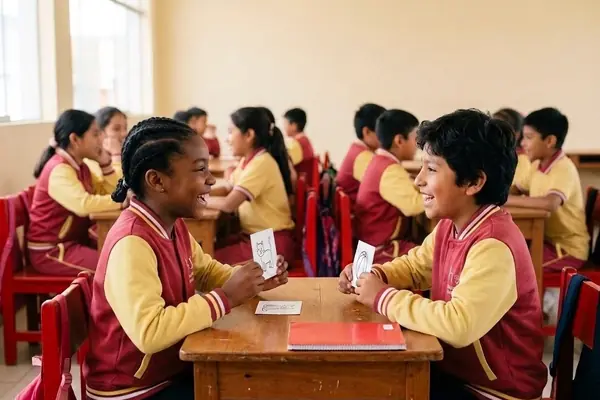 Una niña y un niño conversan en inglés con tarjetas de dibujos