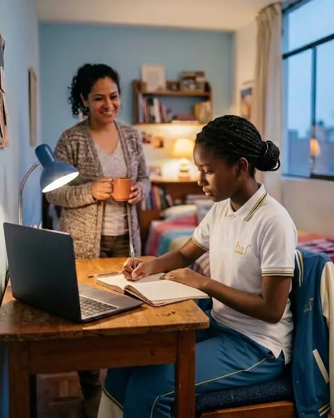 Una alumna hace su tarea con su laptop y su mamá le lleva una taza de té